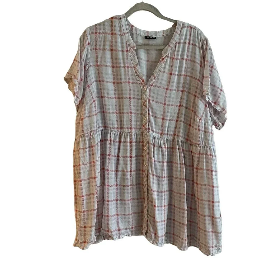 Torrid Women 2X White Multi Plaid Split Neck Babydoll Challis Button-Front Top - Picture 3 of 10